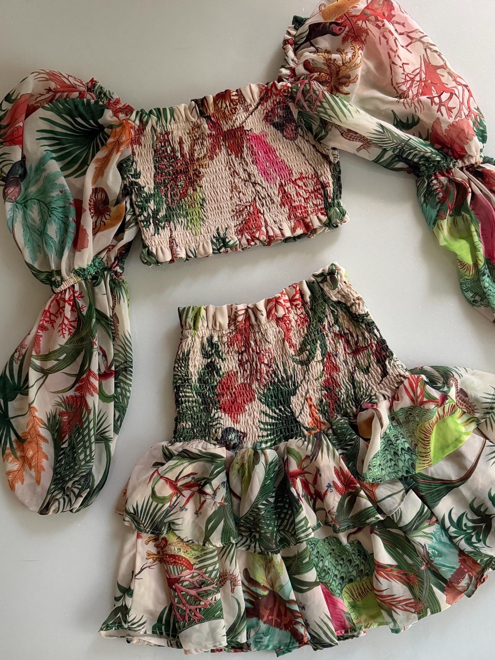 Tropical Two-Piece Smocked Crop Top & Skirt Set - Multicolor